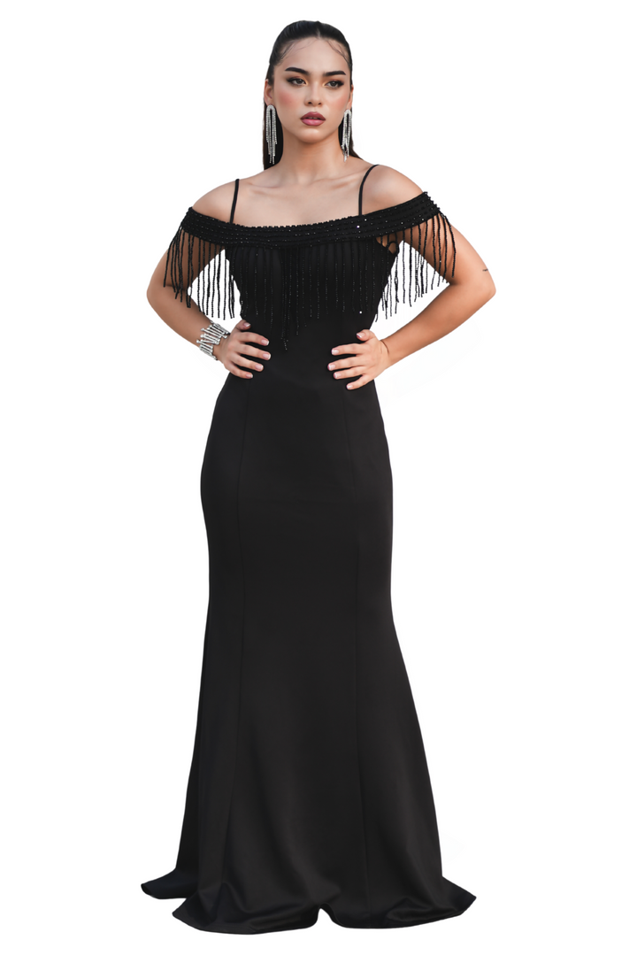 Crepe Party Dress – Off-Shoulder Fringe Elegance