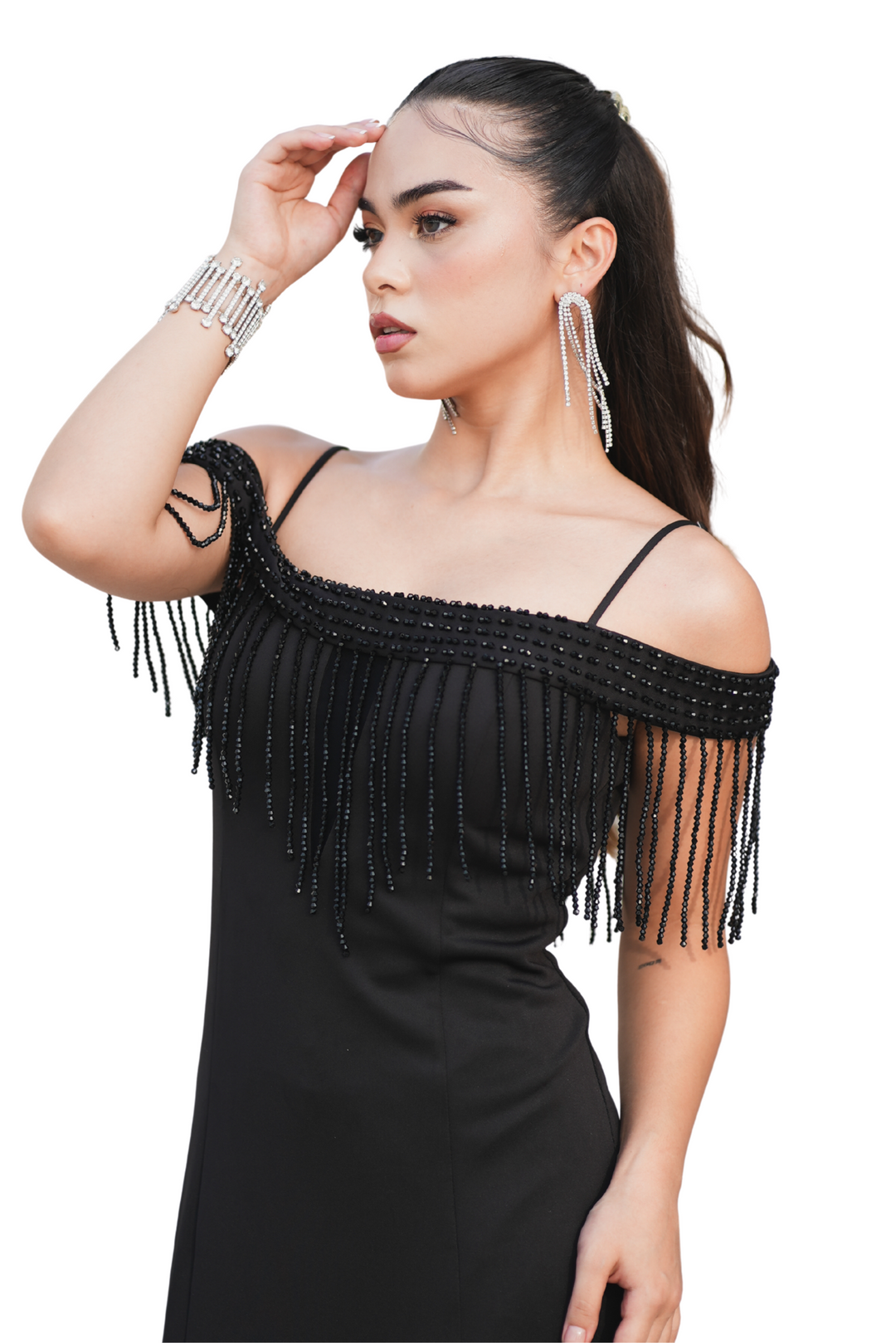 Crepe Party Dress – Off-Shoulder Fringe Elegance