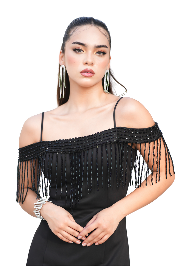 Crepe Party Dress – Off-Shoulder Fringe Elegance