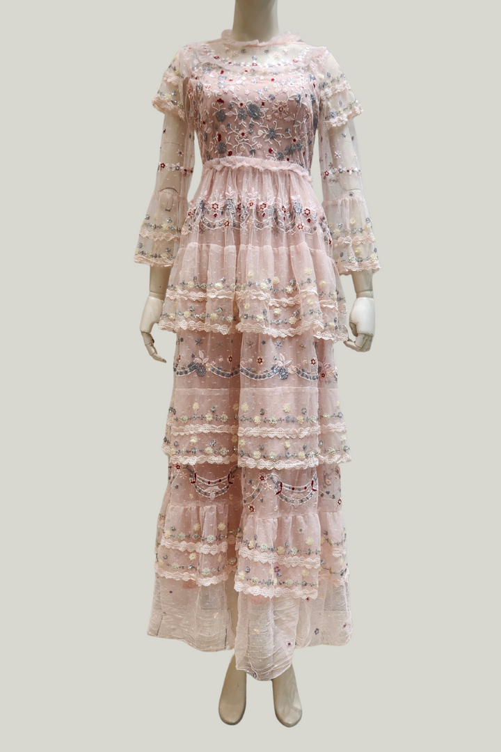 Ter-Ter Embroidered Tiered Maxi Dress