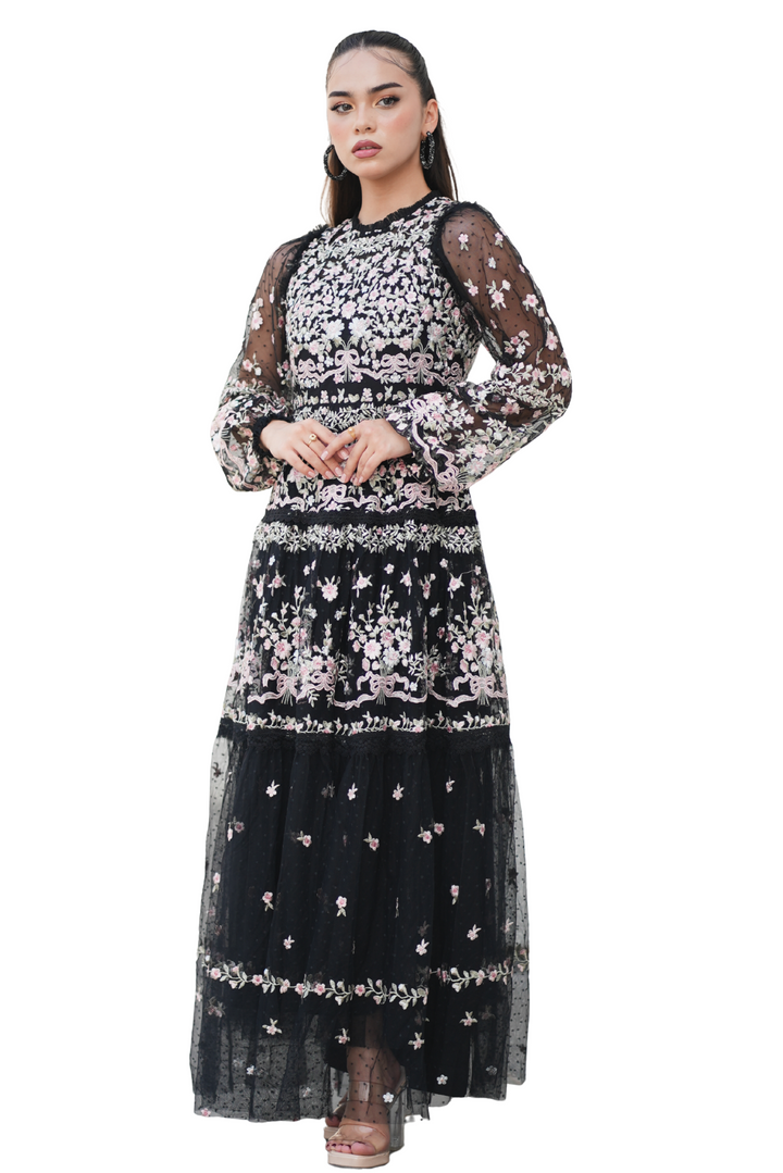 Embroidered Mesh Dress – Floral Elegance