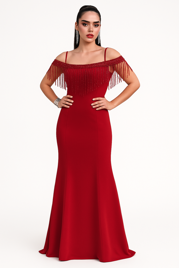 Crepe Party Dress – Off-Shoulder Fringe Elegance