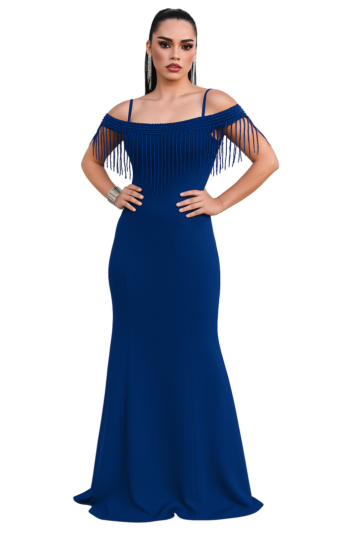Crepe Party Dress – Off-Shoulder Fringe Elegance