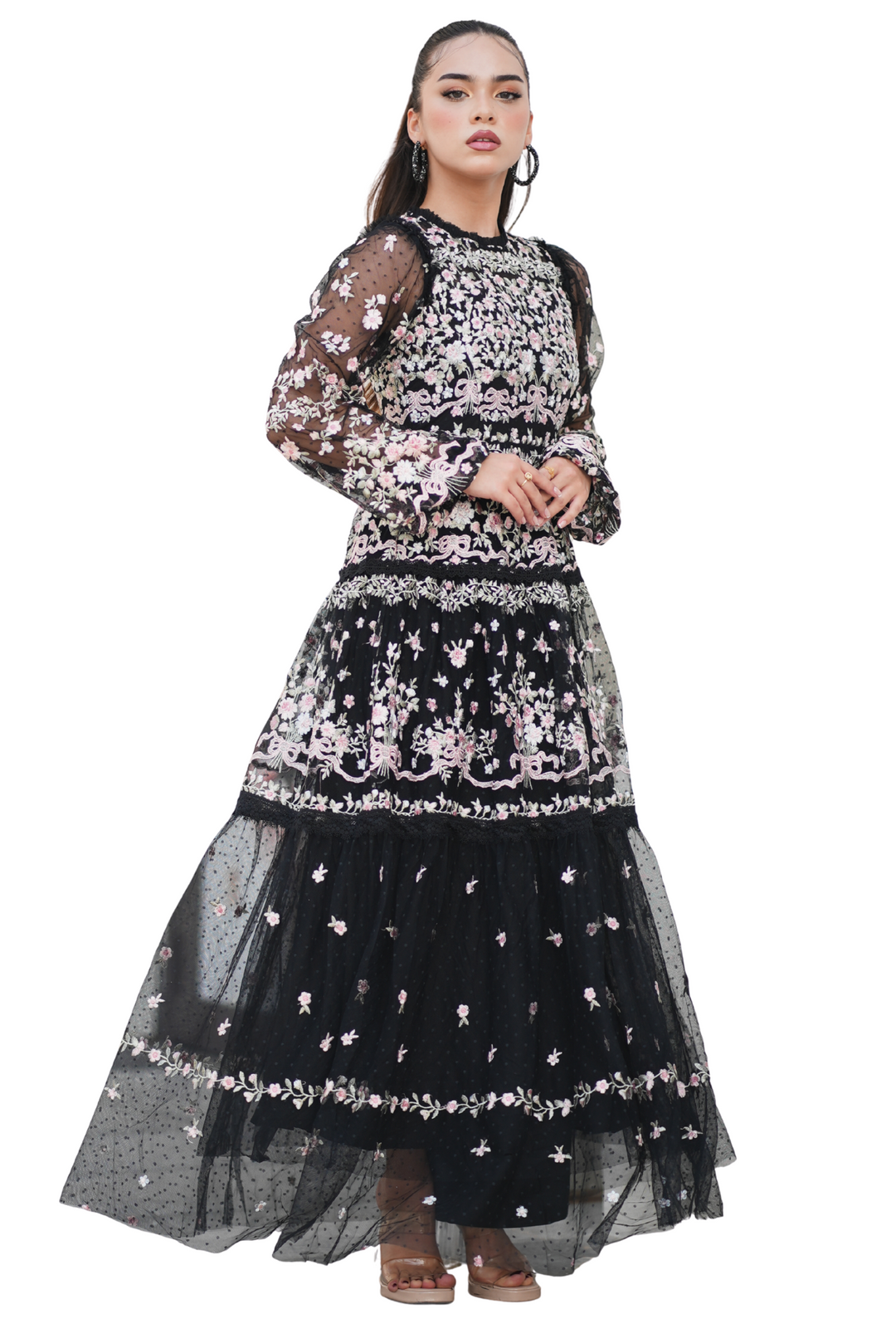 Embroidered Mesh Dress – Floral Elegance