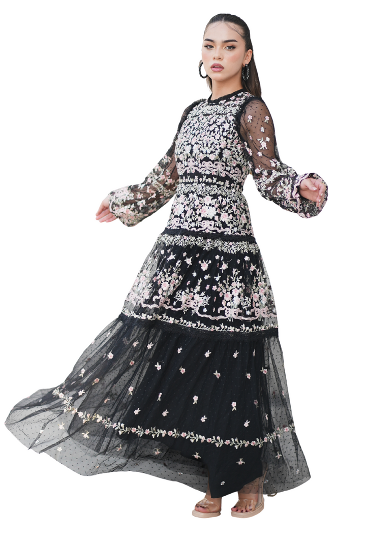 Embroidered Mesh Dress – Floral Elegance