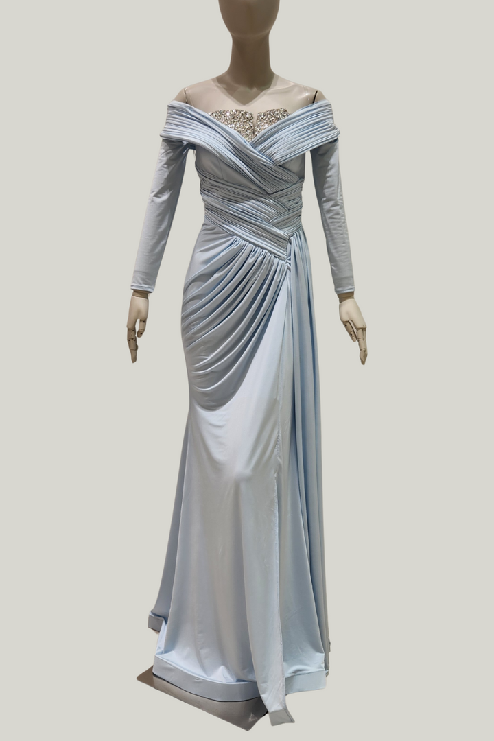 Pleated Satin Draped Gown Dress