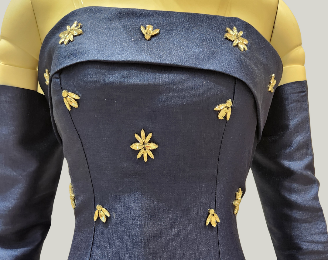 Crepe Embellished Long-Sleeve Dress