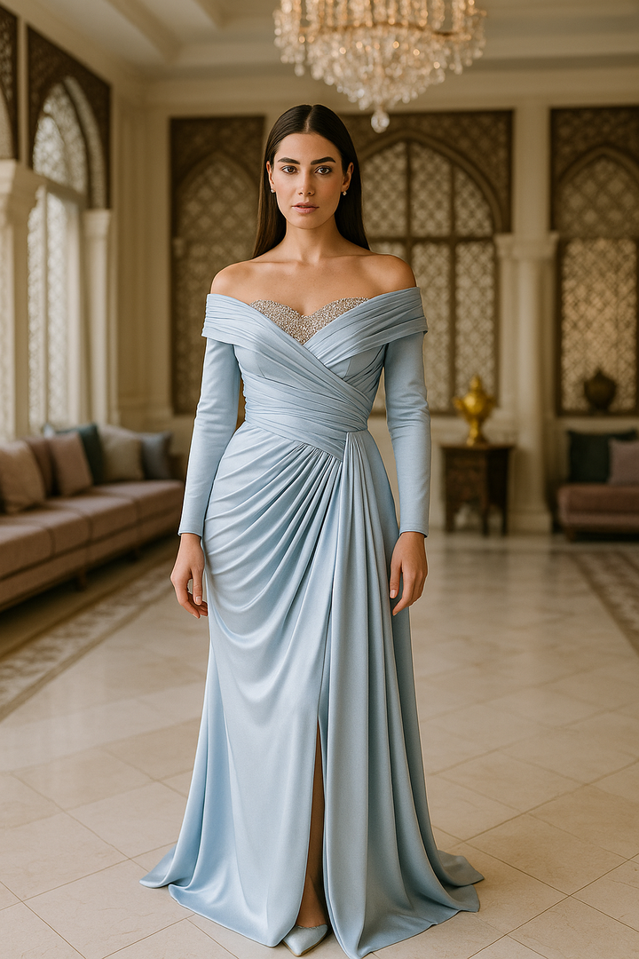 Pleated Satin Draped Gown Dress