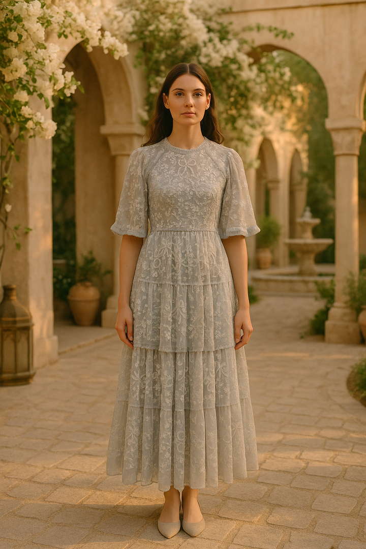 Embroidered Tiered Tulle Dress