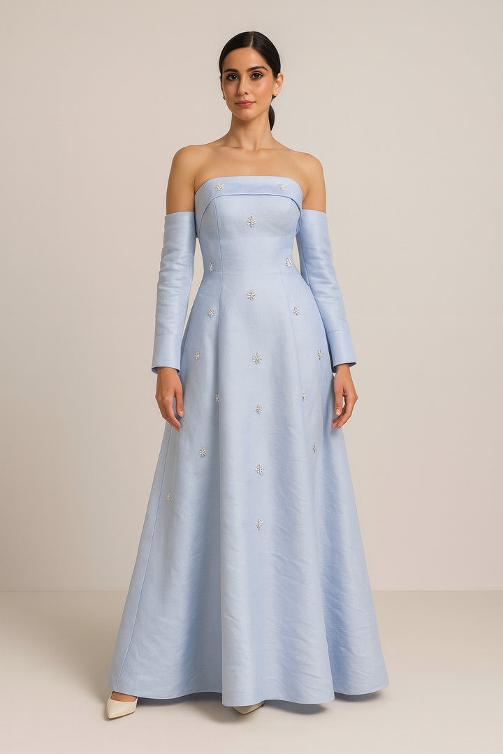 Crepe Embellished Long-Sleeve Dress