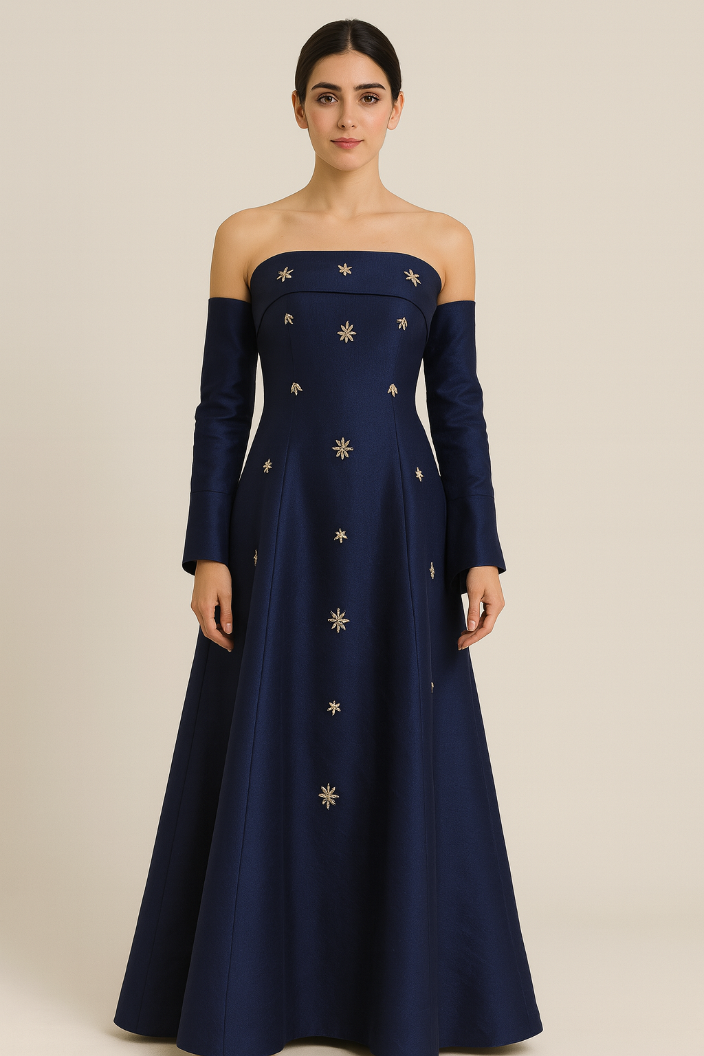 Crepe Embellished Long-Sleeve Dress