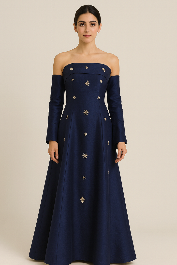 Crepe Embellished Long-Sleeve Dress