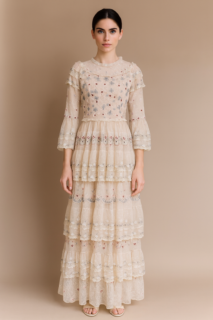 Ter-Ter Embroidered Tiered Maxi Dress